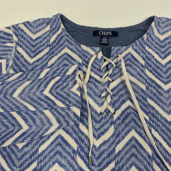 Chaps Tops - Chaps Chevron Top Women's Large Blue Lace Up Beach Pullover 3/4 Sleeve Cotton